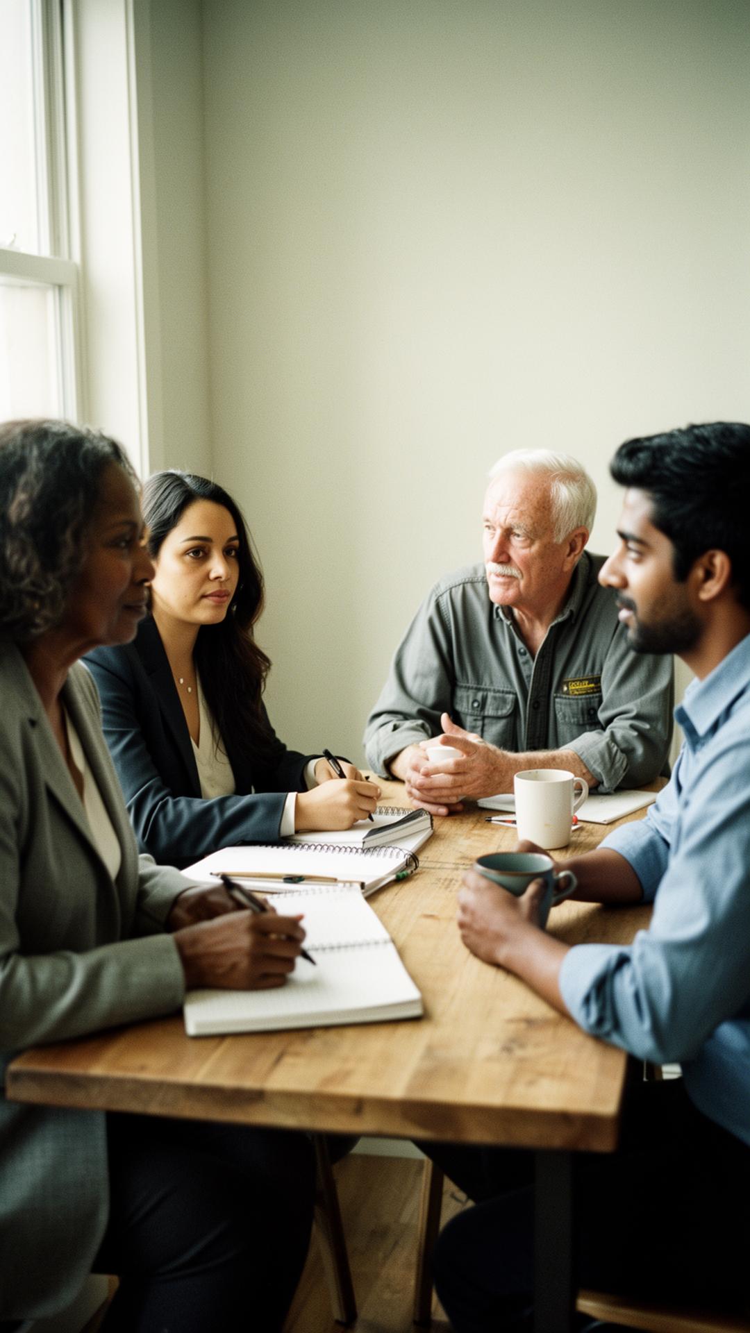 A multigenerational, multiracial group of workers gathered around a wooden table in conversation