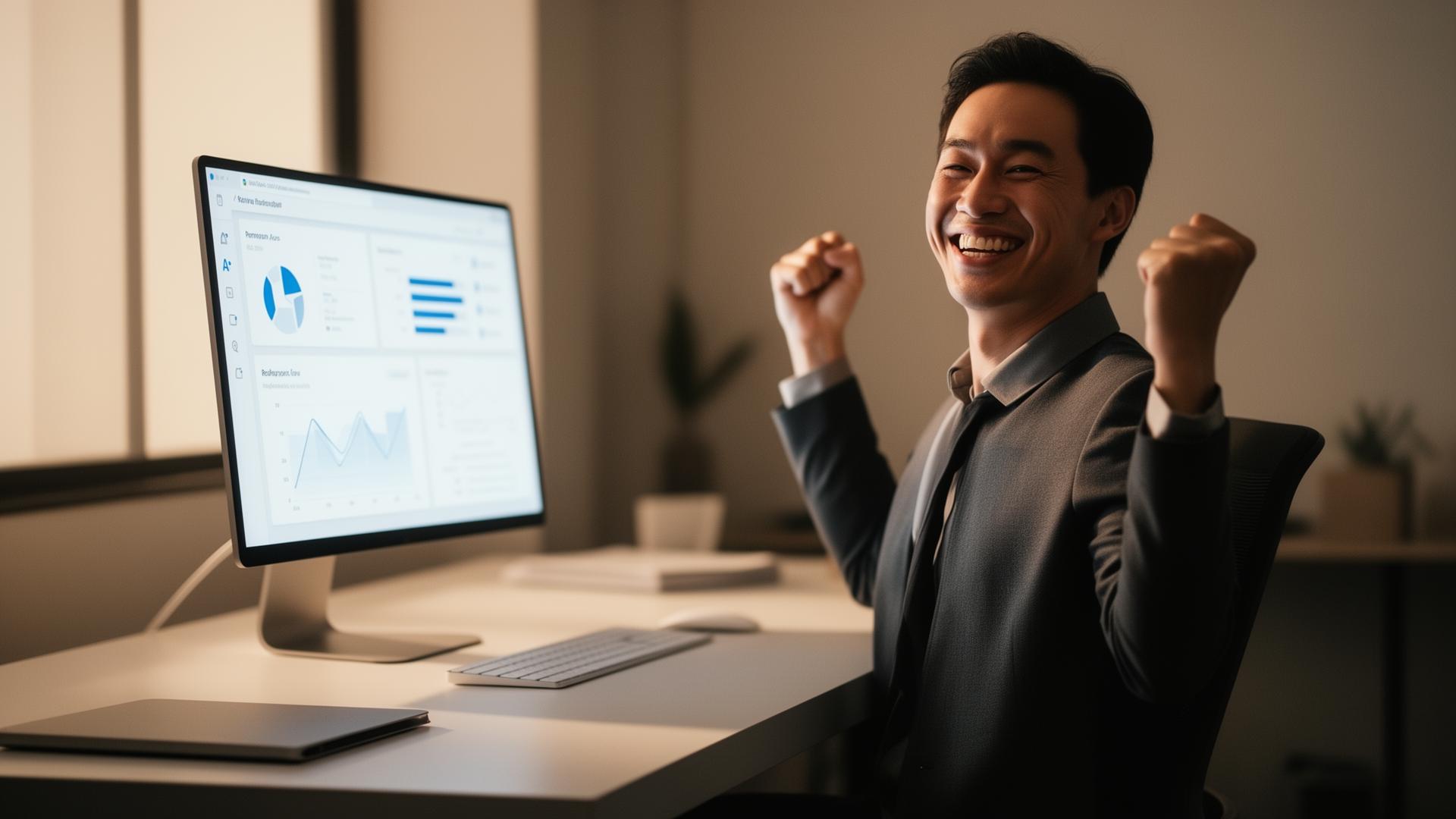 A professional celebrating a win at their computer, AI dashboard on screen