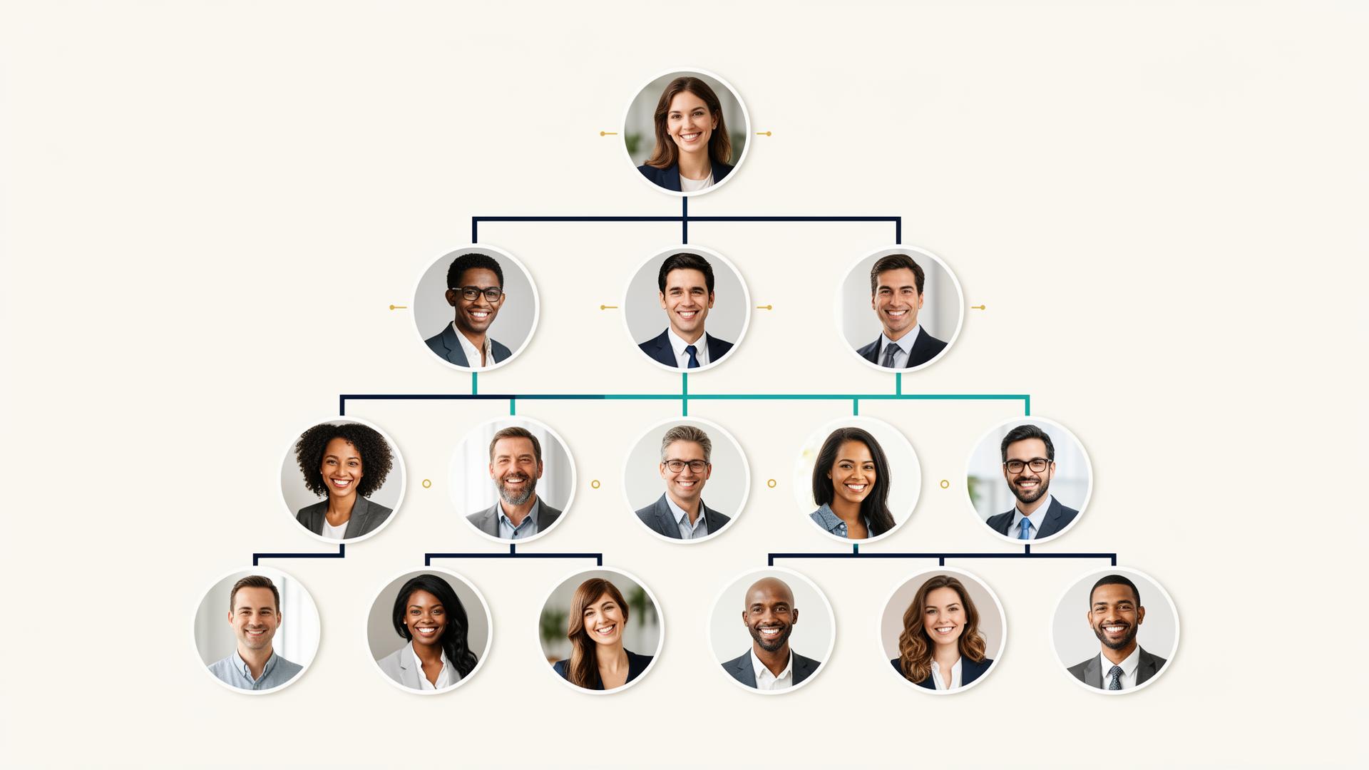 An organizational chart tree of diverse employees connected by clean hierarchical lines, representing structured, people-centered operations